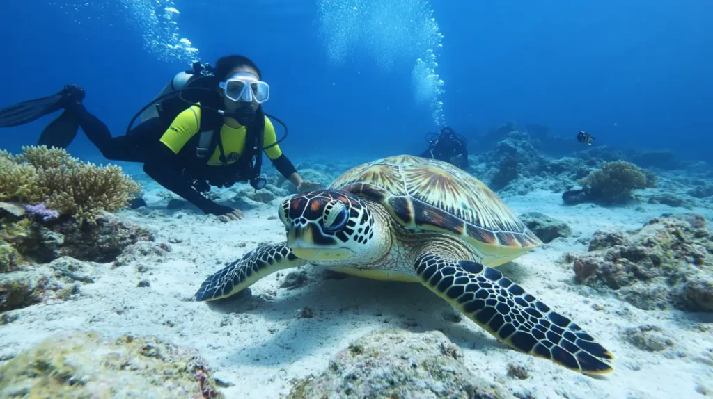 get diving experience with sea turtles in gili asahan with Selong Selo Luxury Villa and Resort, Lombok, Indonesia